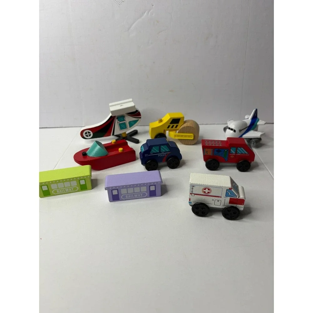 9 Piece‎ Wooden Toy Vehicle Set Police Fire Ambulance Helicopter Plane Boat
